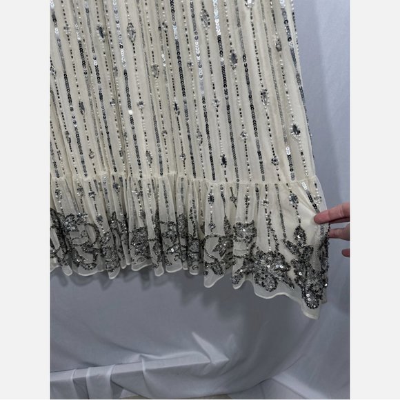 NWT $578 Mac Duggal [ 10 ] Embellished Beaded Flounce Sleeve Midi Dress‎ Cream - Picture 12 of 15